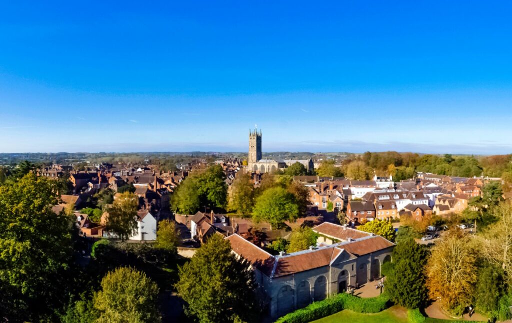 Property in Warwickshire, aerial view of Warwick